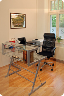 Foto des Arbeitsplatzes von Frau Sailer mit Schreibtisch im Vordergund