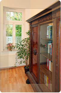 Foto des Arbeitszimmers der Kanzlei Sailer mit groem Holzschrank im Vordergund